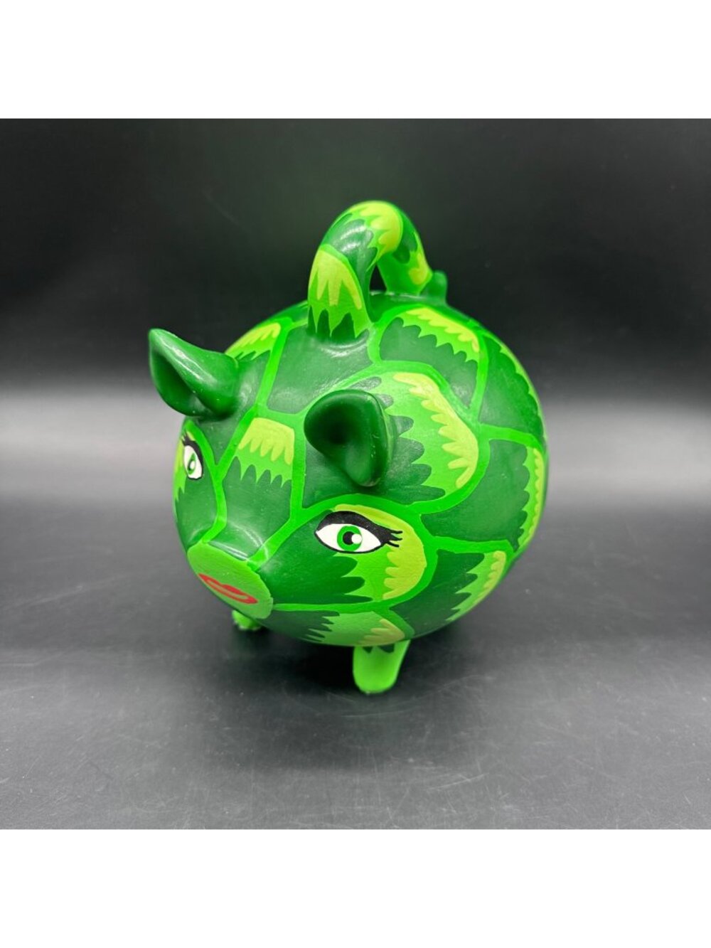Vintage Green Piggy Bank Artichoke Mexico Folk Art Kitschy Hand Painted Figurine